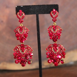 red earrings, red chandelier earrings, red prom earrings, red dangle earrings, red pageant earrings, red long earrings