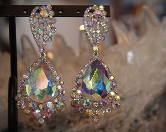AB large crystal earrings, AB pageant earrings, AB prom earrings, chunky rhinestone earrings, ab clip on earrings