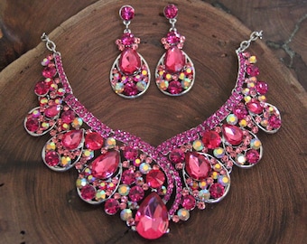 hot pink necklace and earrings set, pink prom necklace and earrings, fucsia necklace and earrings set, fuscia prom necklace