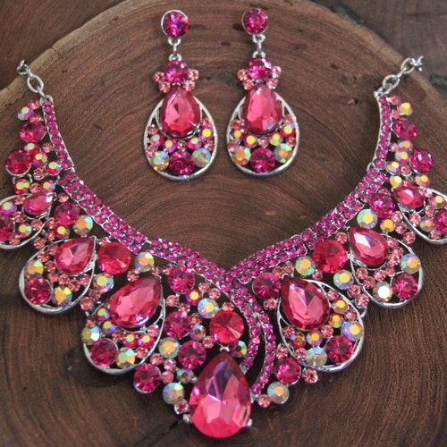 2er Schmuckset Halskette Würfelkette Ohrhänger Glas FUCHSIA Magenta Pink  259