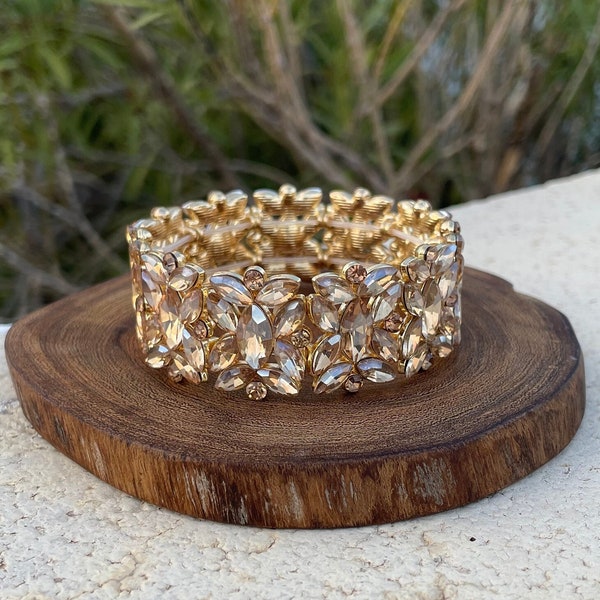 Gold rhinestone bracelet, gold topaz stretch bracelet, gold crystal bridal bracelet