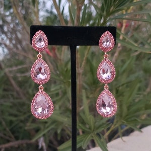 Rose pink prom earrings, pink rhinestone long earrings, light pink earrings