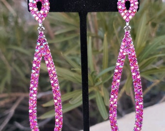 Fuchsia ab long hoops, hot pink long rhinestone earrings, fuchsia prom clip on earrings