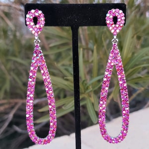 Fuchsia ab long hoops, hot pink long rhinestone earrings, fuchsia prom clip on earrings