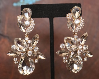 crystal wedding earrings, statement rhinestone earrings, rhinestone gold pageant earrings,