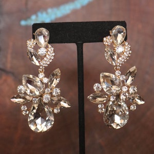crystal wedding earrings, statement rhinestone earrings, rhinestone gold pageant earrings,