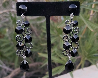 Black dangle earrings, black crystal earrings
