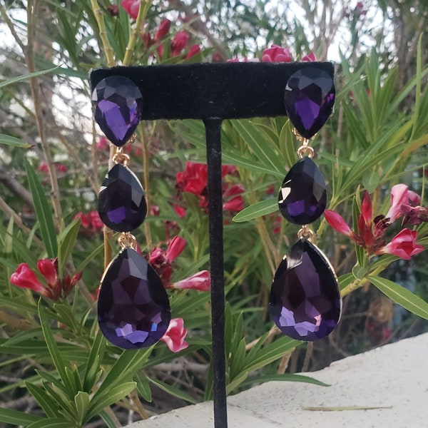purple clip on earrings, purple rhinestone clip on earrings, purple pageant clip on earrings
