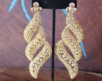 gold rhinestone earrings, gold chandelier earrings, gold extra large earrings, huge earrings, oversized gold earrings, gold pageant earrings