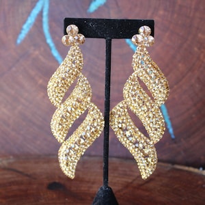 gold rhinestone earrings, gold chandelier earrings, gold extra large earrings, huge earrings, oversized gold earrings, gold pageant earrings