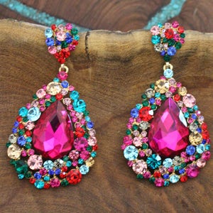 fuschia large crystal earrings, multicolor chunky earrings, pageant / prom earrings, hot pink rhinestone earrings, long multi color earrings