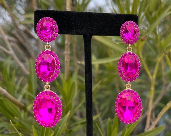Fuchsia prom earrings, hot pink rhinestone earrings