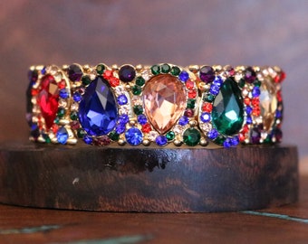 multi color rhinestone bracelet, blue green red multi color stretch bracelet, multi color prom bracelet, colorful crystal bracelet