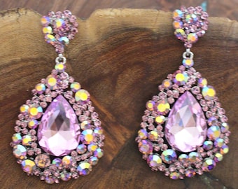 purple rhinestone chunky earrings, purple crystal pageant earrings, purple large prom earrings, purple clip on earrings