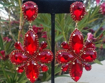 red statement earrings, red fitness competition earrings, red clip on earrings, wide red rhinestone earrings, red pageant earrings
