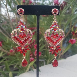 red chandelier earrings, red ab rhinestone earrings, red pageant earrings, red evening earrings