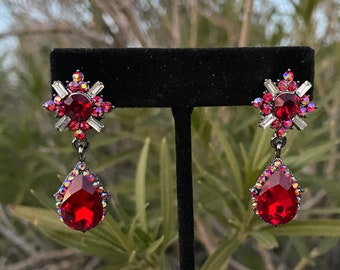 Red prom earrings, red little girl pageant earrings, red ab earrings