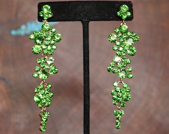 Green prom earrings, lime green earrings, light green pageant earrings, kern green rhinestone earrings