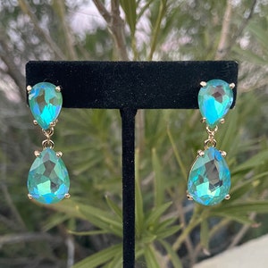Turquoise rhinestone earrings, light green crystal earrings