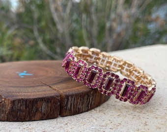 Fuchsia prom bracelet, magenta rhinestone bracelet, fuchsia ballroom bracelet