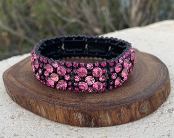 Rose pink rhinestone bracelet, pink prom bracelet, hot pink stretch bracelet