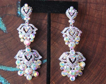 Ab long rhinestone earrings, ab crystal pageant earrings, ab chandelier earrings, ab clip on earrings