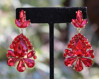red earrings, red prom earrings, red dangle earrings, red rhinestone earrings, red bridesmaid earrings, red pageant earrings, red crystal