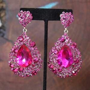 hot pink earrings, fuchsia earrings, hot pink prom earrings, fuschia prom earrings, hot pink chunky earrings, pink rhinestone wide earrings image 2