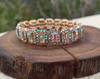 Ab gold rhinestone bracelet, iridescent prom bracelet, aurora borealis bracelet, ab ballroom stretch bracelet