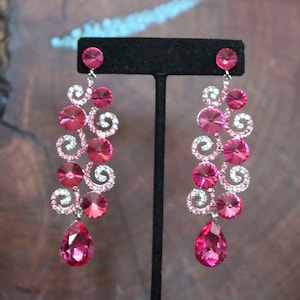 hot pink earrings, hot pink prom earrings, hot pink homecoming earrings, fuchsia rhinestone earrings, hot pink pageant earrings