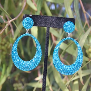 teal hoops, aqua blue hoops, turquoise rhinestone hoop earrings, blue pageant hoops, aqua blue prom hoop earrings
