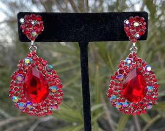 Red ab earrings, red rhinestone earrings, red iridescent prom earrings, red crystal earrings