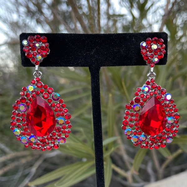 Red ab earrings, red rhinestone earrings, red iridescent prom earrings, red crystal earrings
