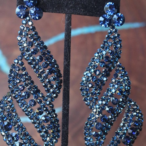 Navy Blue Large Chandelier Rhinestone Earrings Navy Pageant Etsy