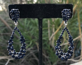 Navy blue rhinestone earrings, dark blue crystal earrings, navy hoops, navy clip on hoops
