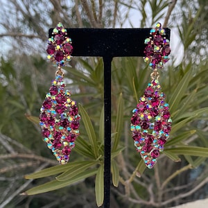 Fuchsia ab rhinestone earrings, fuchsia iridescent prom earrings, hot pink pageant earrings, fuchsia long rhinestone earrings