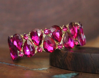 fuchsia armband, felroze armband, fuchsia prom armband, felroze bruidsarmband, roze kristallen optochtarmband, roze stretcharmband