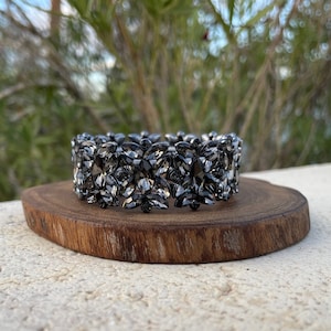 Gray rhinestone bracelet, black diamond crystal bracelet, grey stretch bracelet