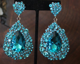 Teal blue rhinestone earrings, teal/aqua blue prom earrings, large crystal pageant earrings, aquamarine rhinestone earrings, aqua prom