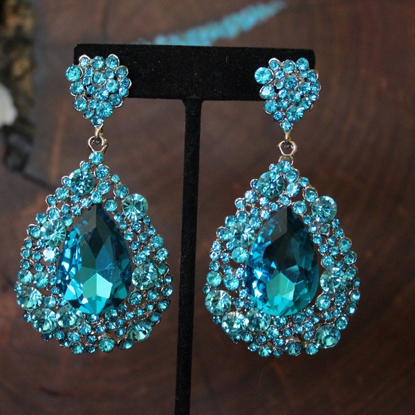 Teal blue rhinestone earrings, teal/aqua blue prom earrings, large crystal pageant earrings, aquamarine rhinestone earrings, aqua prom