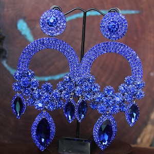 Royal Blue Extra Large Rhinestone Earrings Blue Huge Pageant