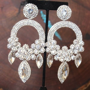 oversized rhinestone earrings, extra large clear crystal earrings, huge rhinestone chandelier earrings, clear crystal extra wide pageant