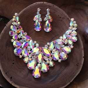 large crystal iridescent necklace and earrings, ab statement necklace, ab pageant necklace, extra large ab stage necklace