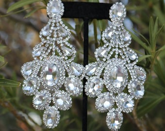 long crystal rhinestone earrings, fitness competition earrings, large crystal chandelier earrings, statement bridal earrings, pageant