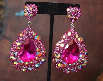 hot pink earrings, fuchsia earrings, hot pink prom earrings, fuschia prom earrings, hot pink chunky earrings, pink rhinestone wide earrings