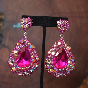 hot pink earrings, fuchsia earrings, hot pink prom earrings, fuschia prom earrings, hot pink chunky earrings, pink rhinestone wide earrings