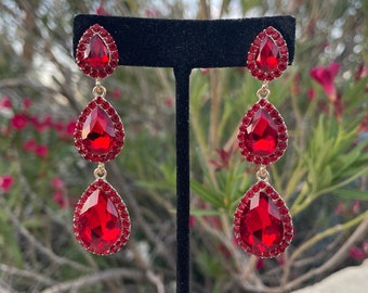 Red earrings, red rhinestone earrings, dangle red holiday earrings