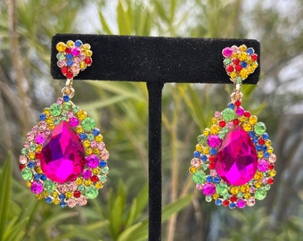 Multi color rhinestone earrings, fuchsia and multi color rhinestone dangle earrings, multi color prom earrings, multi color clip on earrings