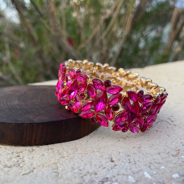 Hot pink bracelet, fuchsia crystal bracelet, fuchsia statement bracelet