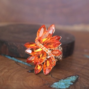 orange ring, orange cocktail ring, orang rhinestone ring, large orange crystal ring, orange pageant ring, orange prom ring, orange statement
